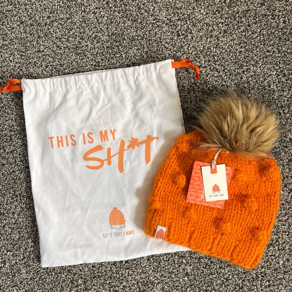 Sh*t That I Knit The Campbell Beanie OG Orange 100% Merino Wool Removable Pom